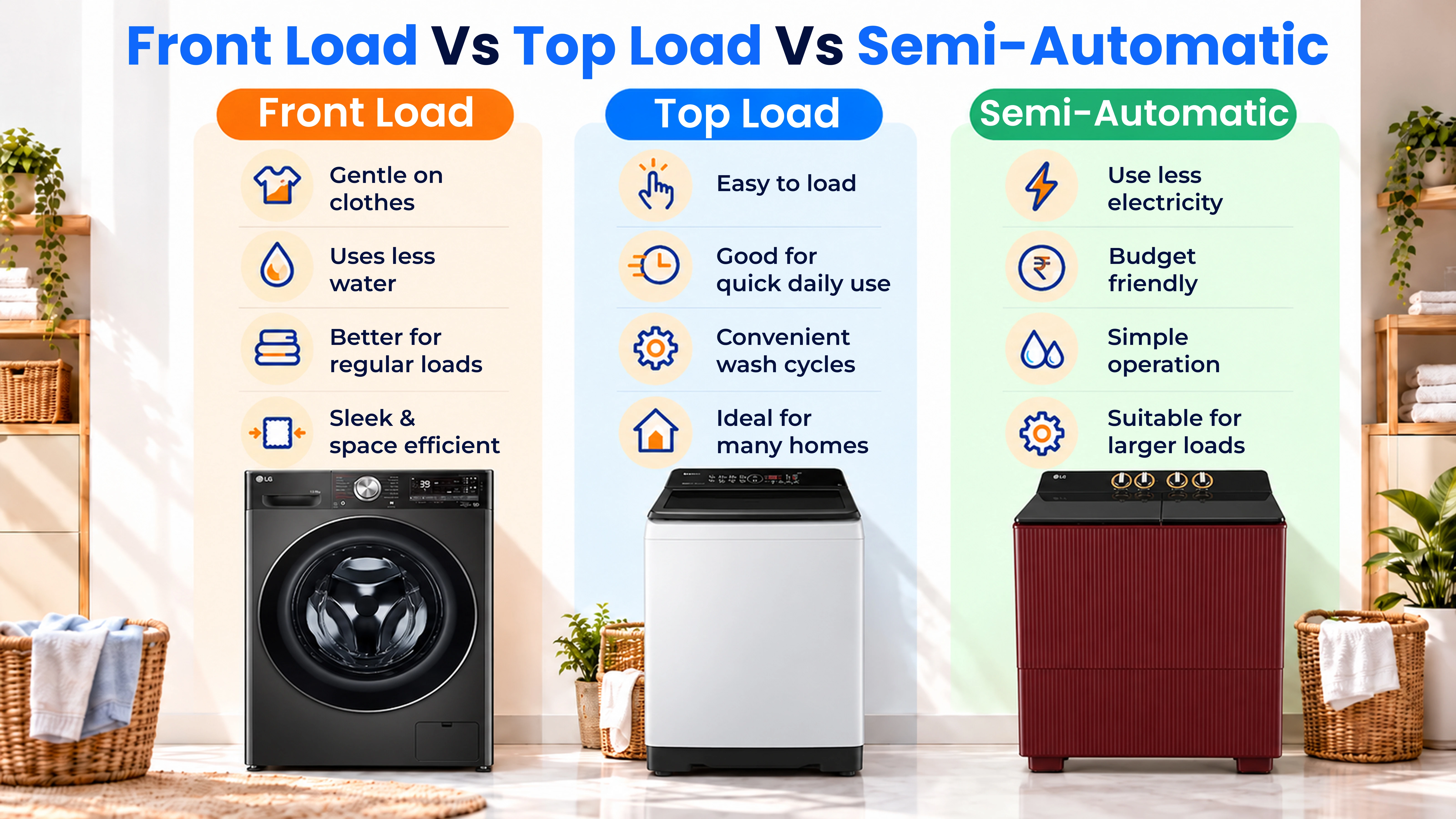 Front-load versus top-load washing machine infographic
