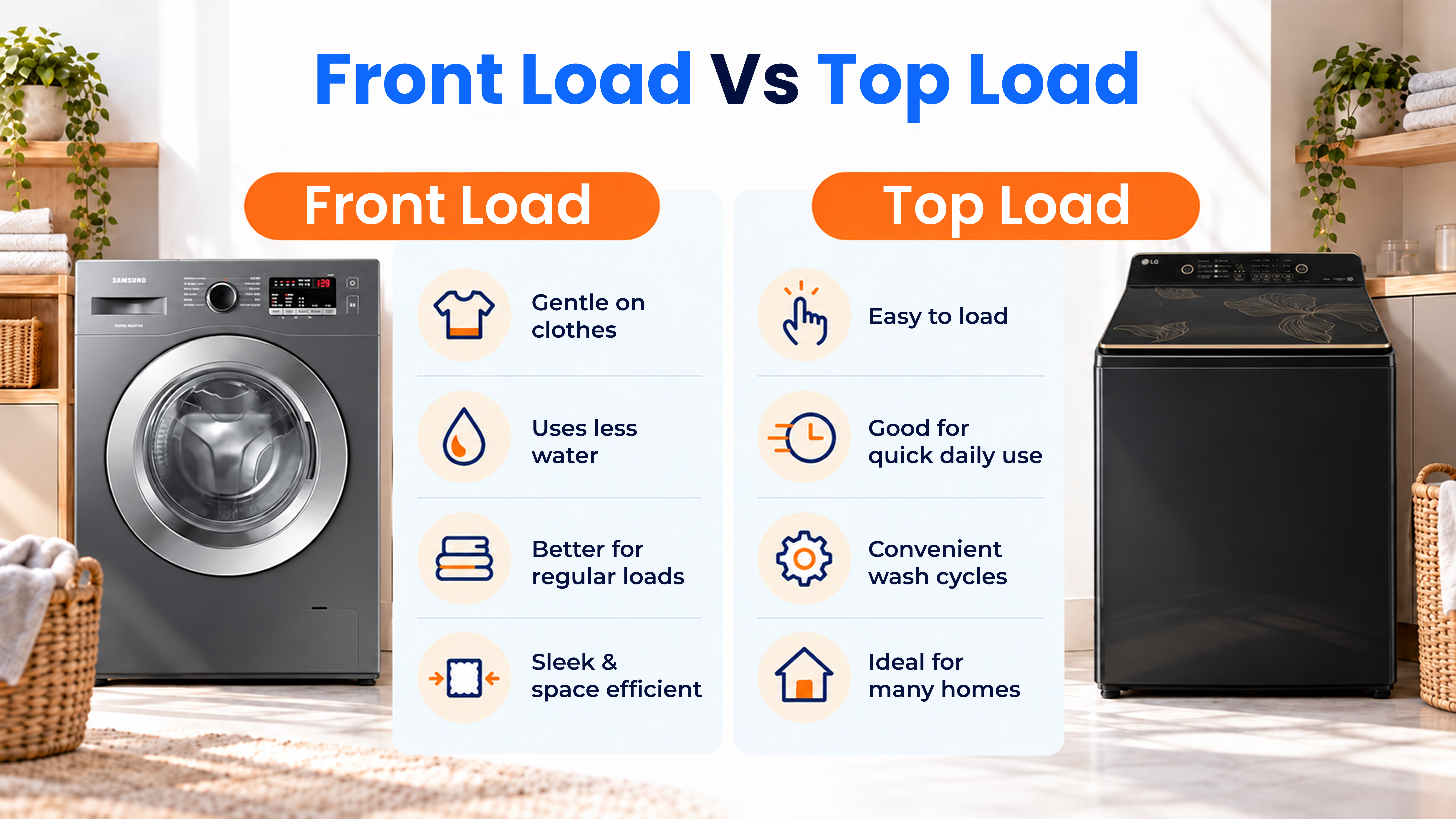 Front-load versus top-load washing machine infographic